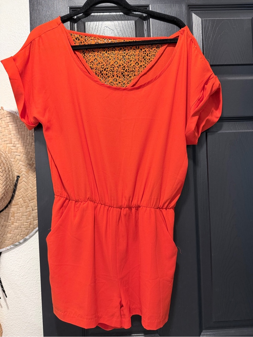 Women’s Short Sleeve Elastic Waist Romper in Bright Orange